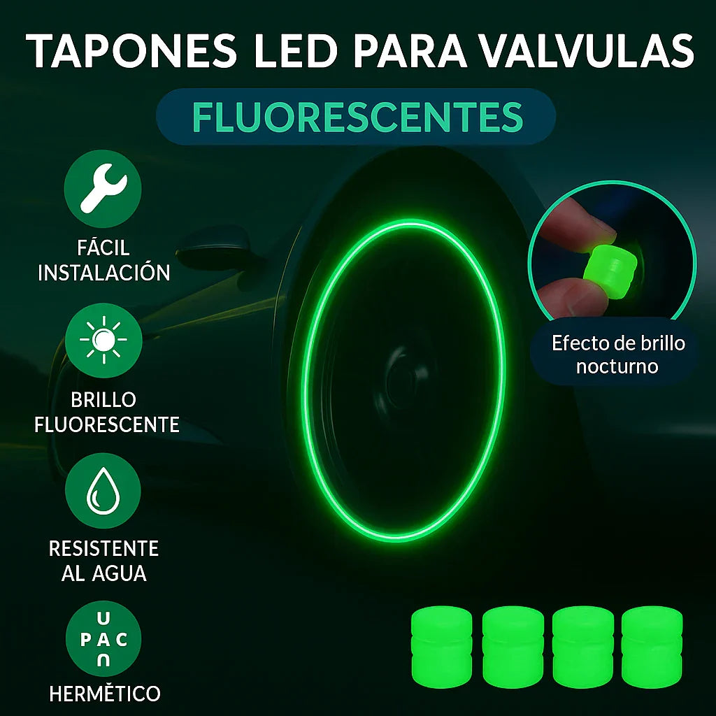 TAPONES LED VERDE FLUORESCENTES PARA VÁLVULAS – PACK X8